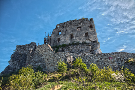 Ruins of the castle in Mirow next to castel in Bobolice. Castle in the village of Mirow in Poland, Jura Krakowsko-Czestochowska. Castle in eagle nests style. Built during the reign of Kazimierz Wielki.の写真素材