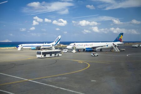 Morning at the airport. Airport on the island of Crete in Greece.