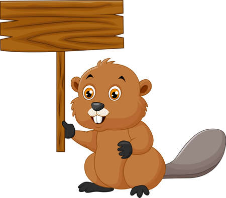 illustration of cartoon beaver holding blank signのイラスト素材
