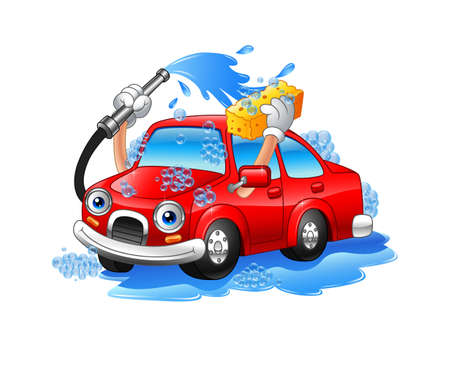 Vector illustration of Cartoon funny car washing with water pipe and spongeのイラスト素材