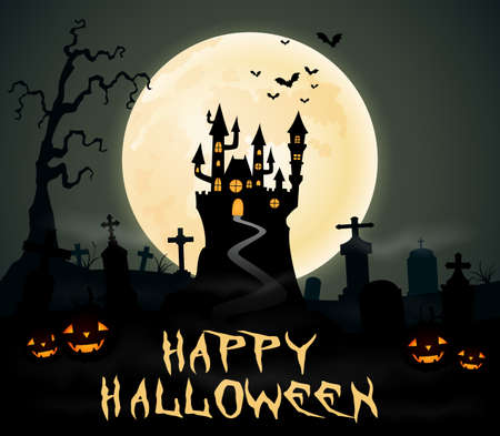 Halloween night background with castle and graveyardのイラスト素材