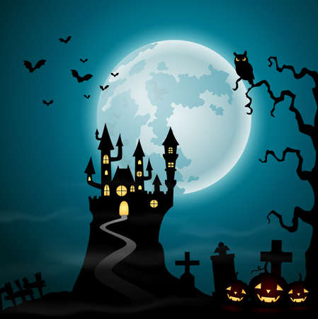 Halloween background with spooky castle and graveyardのイラスト素材