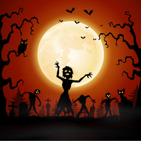 Halloween background with zombie walking in graveyardのイラスト素材
