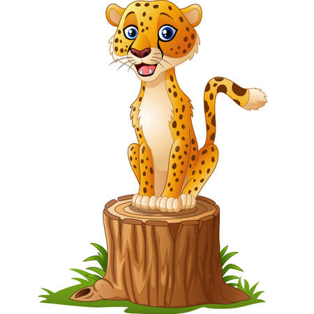 Cartoon cheetah sitting on the tree stumpのイラスト素材