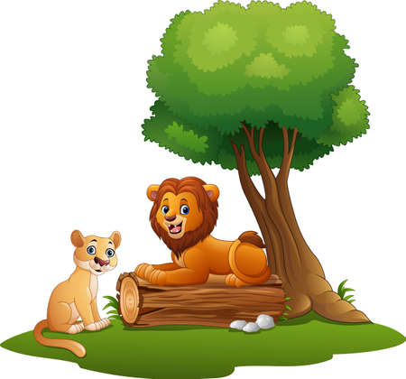 Cartoon lion couple in the jungleのイラスト素材
