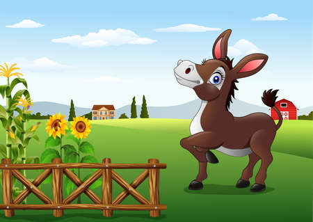 vector illustration of Cartoon happy donkey with farm backgroundのイラスト素材