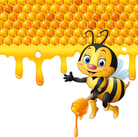 vector illustration of Cartoon bee holding dipper with honeycomb and honey drippingのイラスト素材