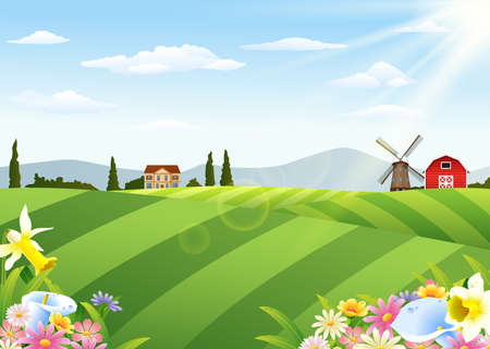 vector illustration of Farm landscape with barn and windmillのイラスト素材