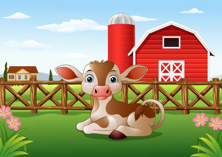 Vector illustration of Cartoon calf with farm backgroundのイラスト素材