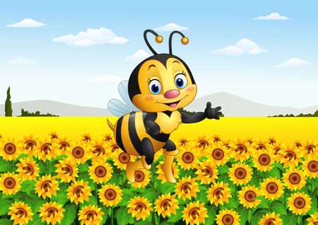 Vector illustration of Cartoon bee in the sunflower fieldのイラスト素材