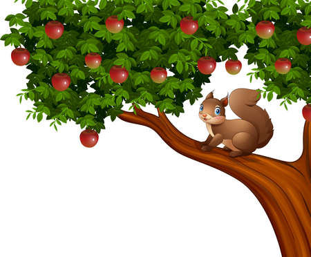 Vector illustration of Cartoon squirrel on apple treeのイラスト素材
