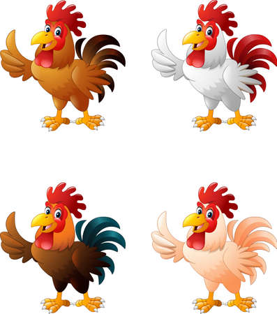 illustration of Cartoon funny rooster giving thumb up collection setのイラスト素材