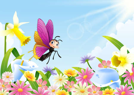 illustration of Cute butterfly flying on flower fieldのイラスト素材