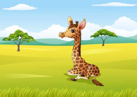 illustration of Cartoon giraffe sitting in the jungleのイラスト素材