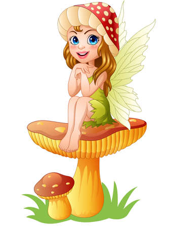 illustration of Cartoon little fairy sitting on mushroomのイラスト素材