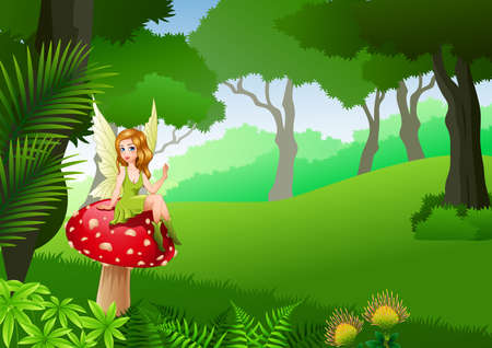 illustration of Little fairy sitting on mushroom with Tropical forest backgroundのイラスト素材