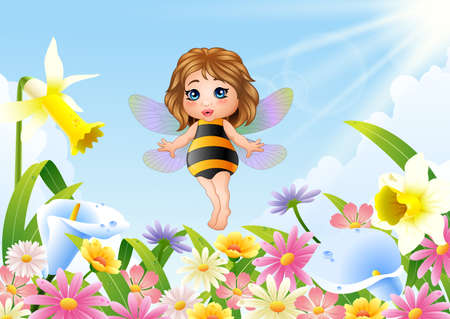 illustration of Cute fairy flying on flower fieldのイラスト素材