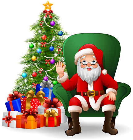 illustration of Cartoon Santa Claus sitting on green arm chairのイラスト素材