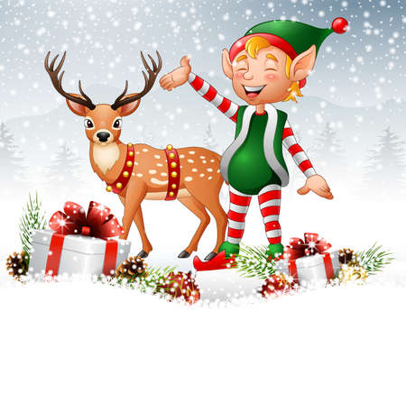 illustration of Christmas background with elf, deer and gift boxesのイラスト素材