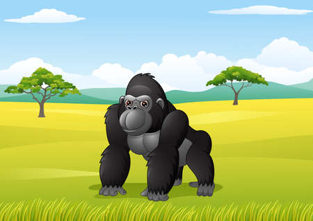 illustration of Cartoon gorilla in the savanna landscapeのイラスト素材