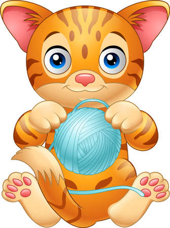 illustration of Cartoon baby cat playing with ball of blue yarnのイラスト素材