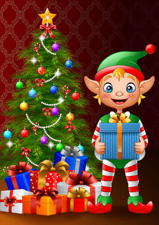 illustration of Christmas background with elf holding gift boxのイラスト素材