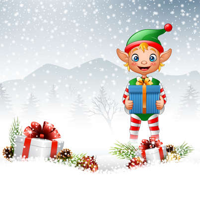 illustration of Christmas background with elf holding gift boxのイラスト素材