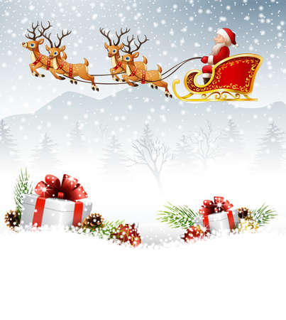 illustration of Christmas background with Santa Clause riding his reindeer sleightのイラスト素材