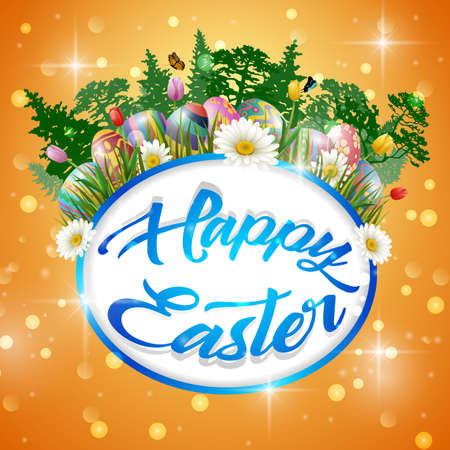 Collection of Easter eggs with nature background.のイラスト素材