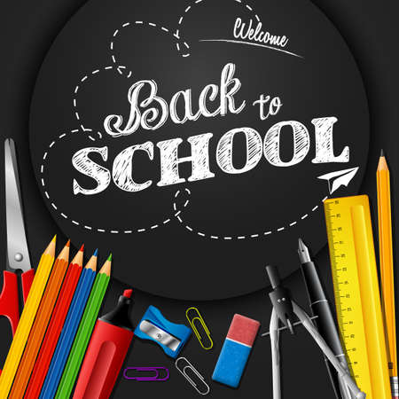 School supplies on blackboard backgroundの写真素材