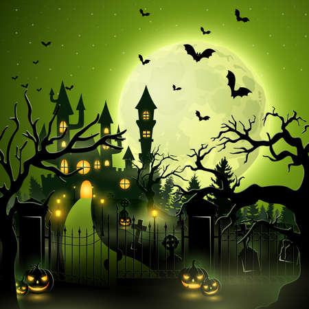 Vector illustration of Creepy graveyard with castle and pumpkins.のイラスト素材