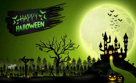 Cartoon halloween background with castle and pumpkinのイラスト素材
