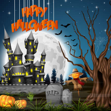 Vector illustration of Halloween background with castle and scarecrowのイラスト素材