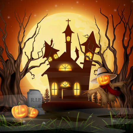 Vector illustration of Scary church background with scarecrow and pumpkinsのイラスト素材