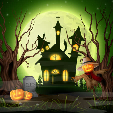 Scary church background with scarecrow and pumpkinsの写真素材