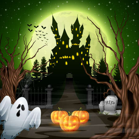 Scary castle with ghost and pumpkins in the woodsのイラスト素材