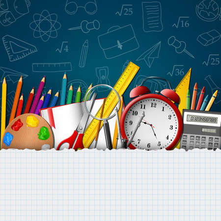 School background with school supplies and empty paperのイラスト素材