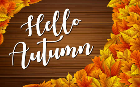 Hello autumn wooden background with colorful leavesのイラスト素材