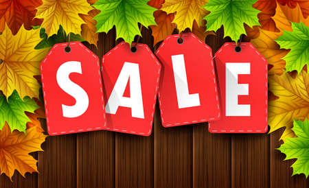 Autumn sale banner with colorful fall leaves on wood board backgroundの写真素材