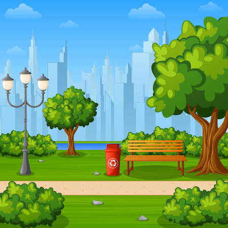 Vector illustration of City park bench with trees and town buildingsのイラスト素材