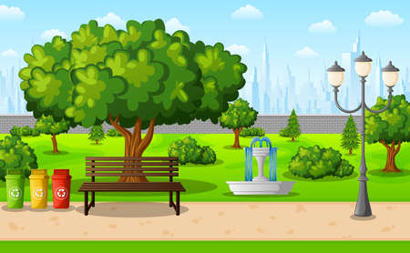 Vector illustration of Green city park with town buildingsのイラスト素材
