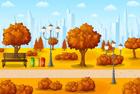 Vector illustration of Autumn city park with bench and trashのイラスト素材