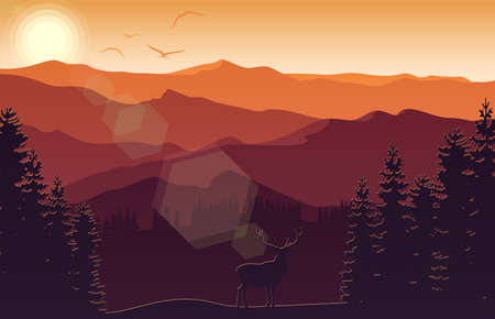Vector illustration of Mountain landscape with deer and forest at sunsetVector illustration of Mountain landscape with deer and forest at sunsetのイラスト素材