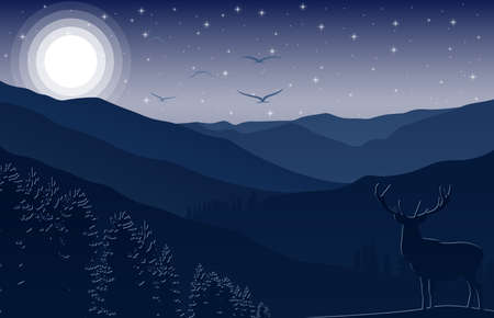 Vector illustration of Mountain landscape with deer and forest at nightのイラスト素材