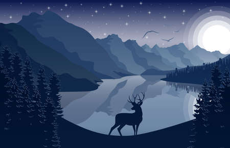 Vector illustration of Night Mountains landscape with deer near a lake and stars on the skyのイラスト素材