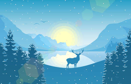 Vector illustration of Winter mountain landscape with deer in a forest and lake at falling snowのイラスト素材