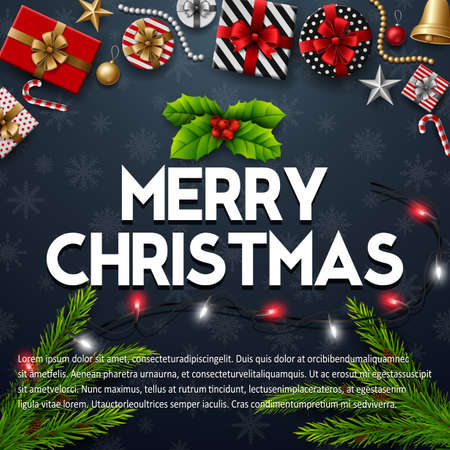 Vector illustration of Merry christmas with gift box and christmas elements on black backgroundのイラスト素材
