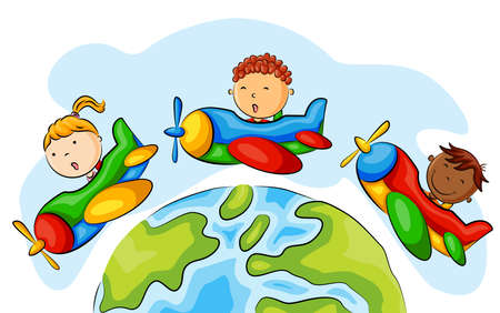 Group of children riding airplane around the worldのイラスト素材
