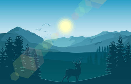 Mountain landscape with deer and forest at morningのイラスト素材