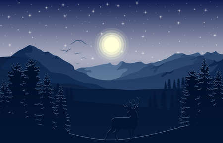 Vector illustration of Mountain landscape with deer and forest at nightのイラスト素材